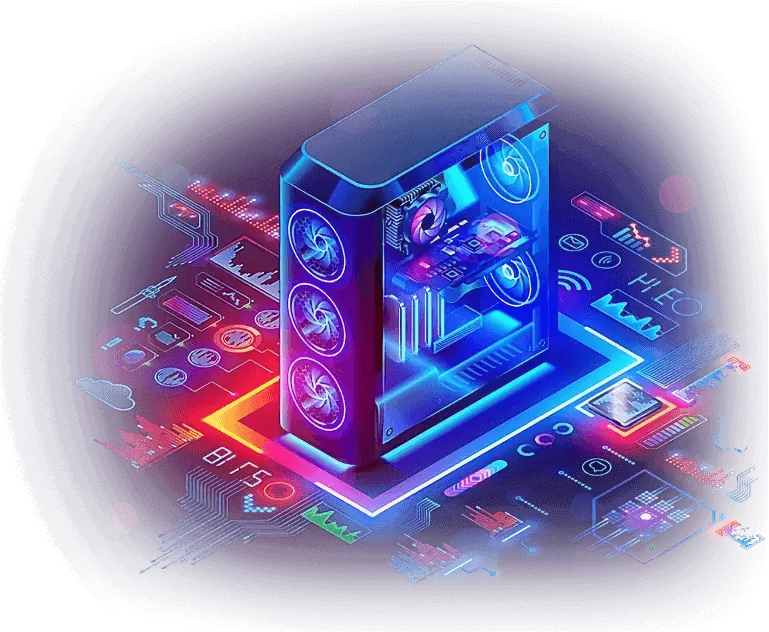 Computador gamer com iluminação neon, representando desempenho máximo